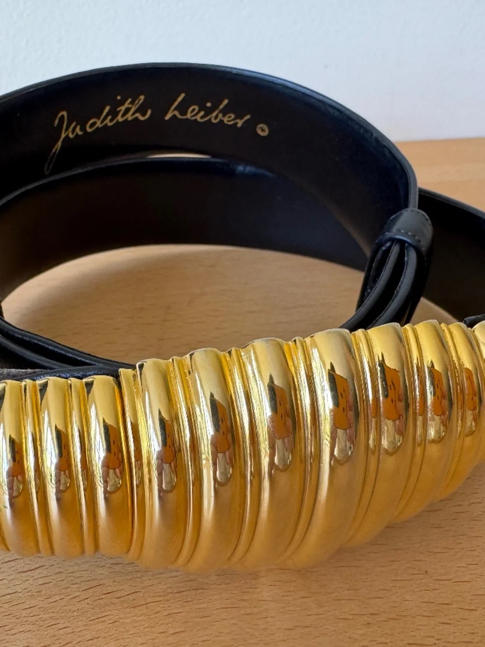 Vintage Judith Leiber Wide Black Leather Belt Ribbed Gold Tone Hinged Adjustable
